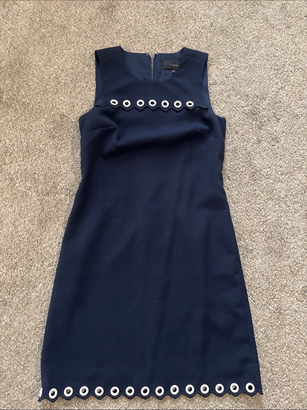 J. Crew Navy Sheath Dress with White Rivets, scallop trim